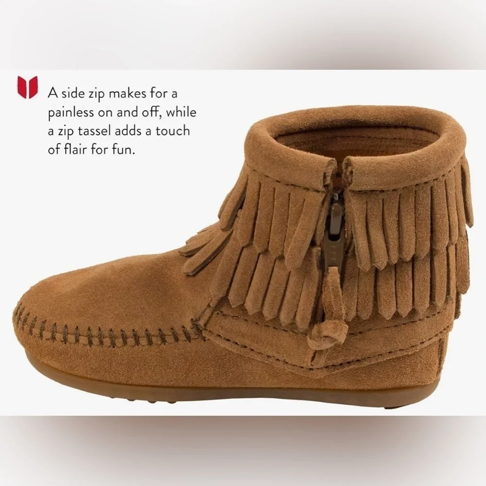 Minnetonka Children's Double Fringe Side Zip Boot, Brown, Leather Suede Size 6